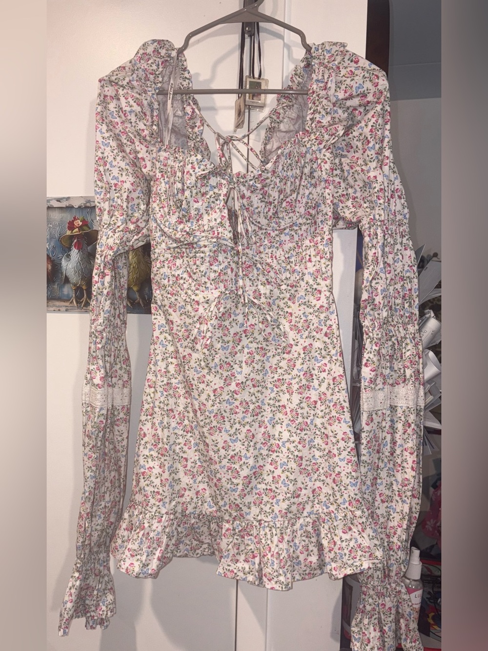 For Love & Lemons White Floral Long-Sleeve Smocked Mini Dress